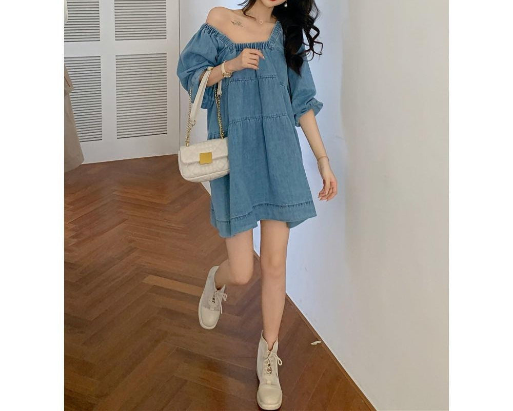 Square-cut Denim Blue Babydoll Dress