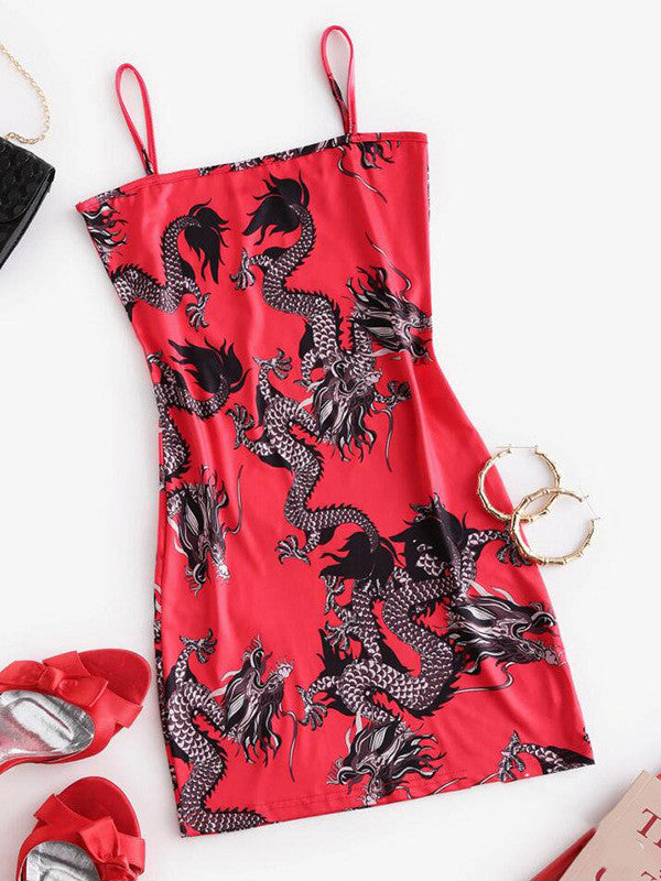 New Chinese Style Solid Color Dragon Print Slim Sexy Suspender Skirt