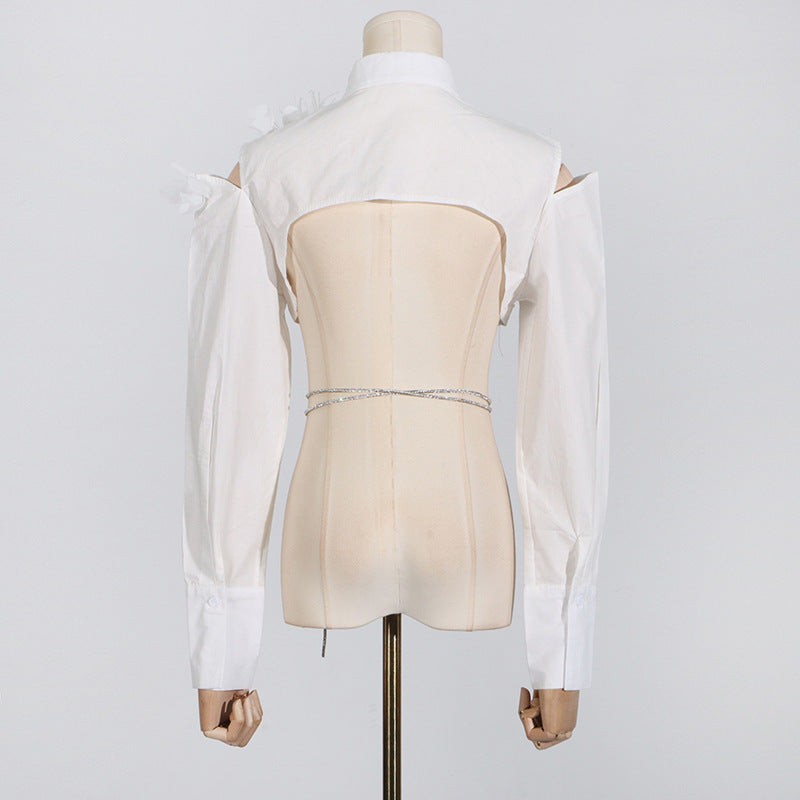 Irregular Backless Collared Long Sleeve Button Up Top