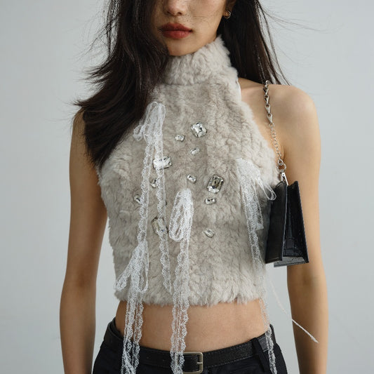 Furry Knit Halter Top with Lace