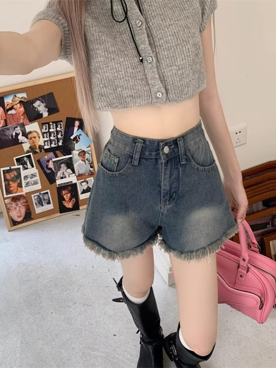 Fringed Wide Leg High Waisted Denim Shorts