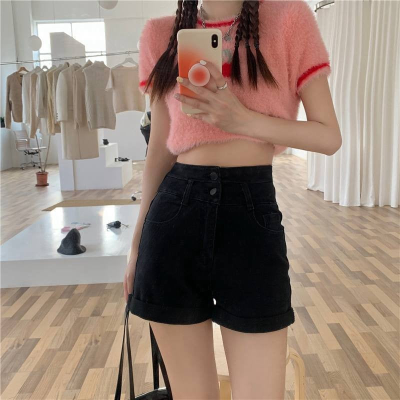 High Waisted Double Buckle Denim Shorts