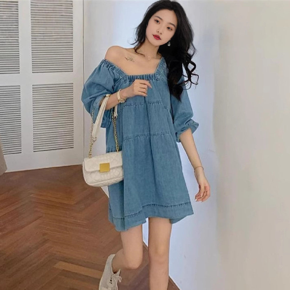 Square-cut Denim Blue Babydoll Dress