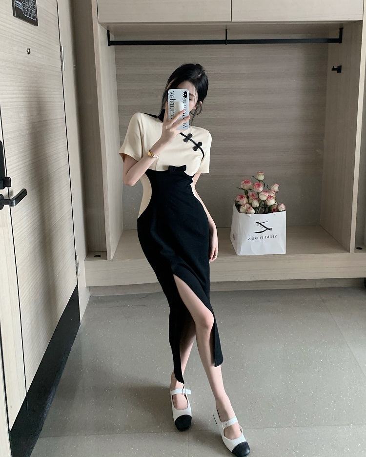 New Chinese Style Waist Stitching Slit Midi Skirt