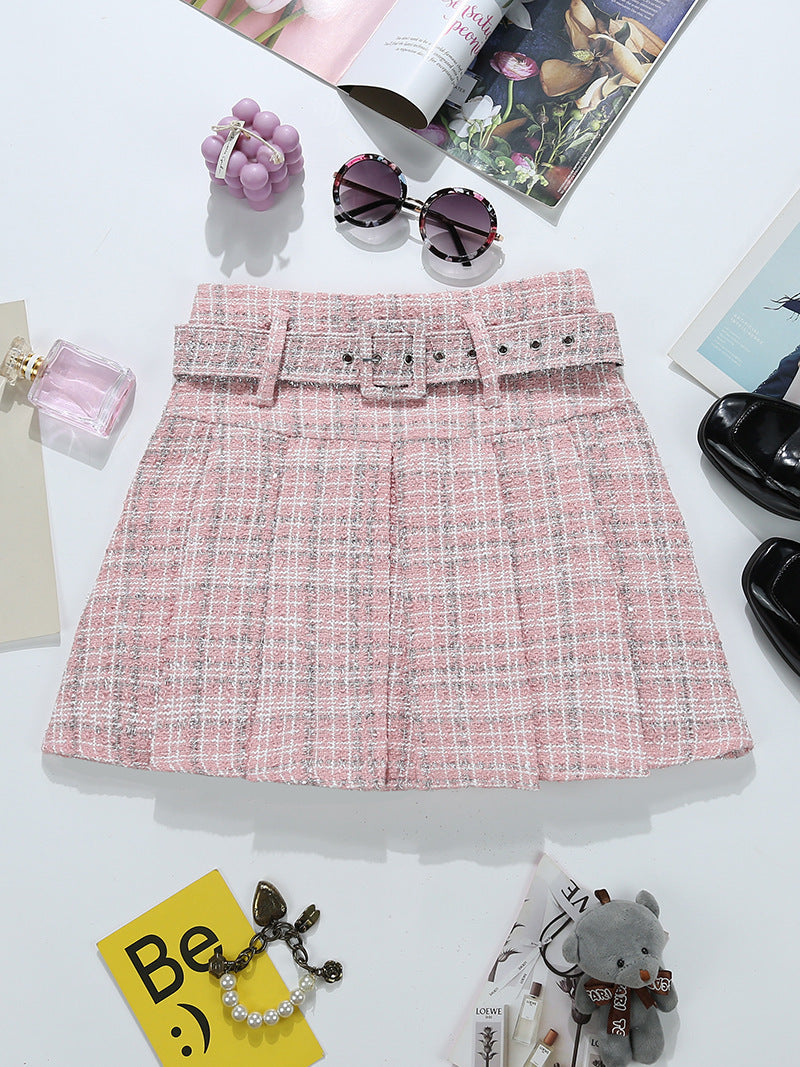 A-Line Tweed Belted Skirt