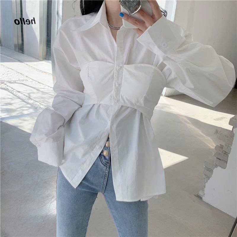 Formal Collared Button Up Scrunched Shirt Blouse