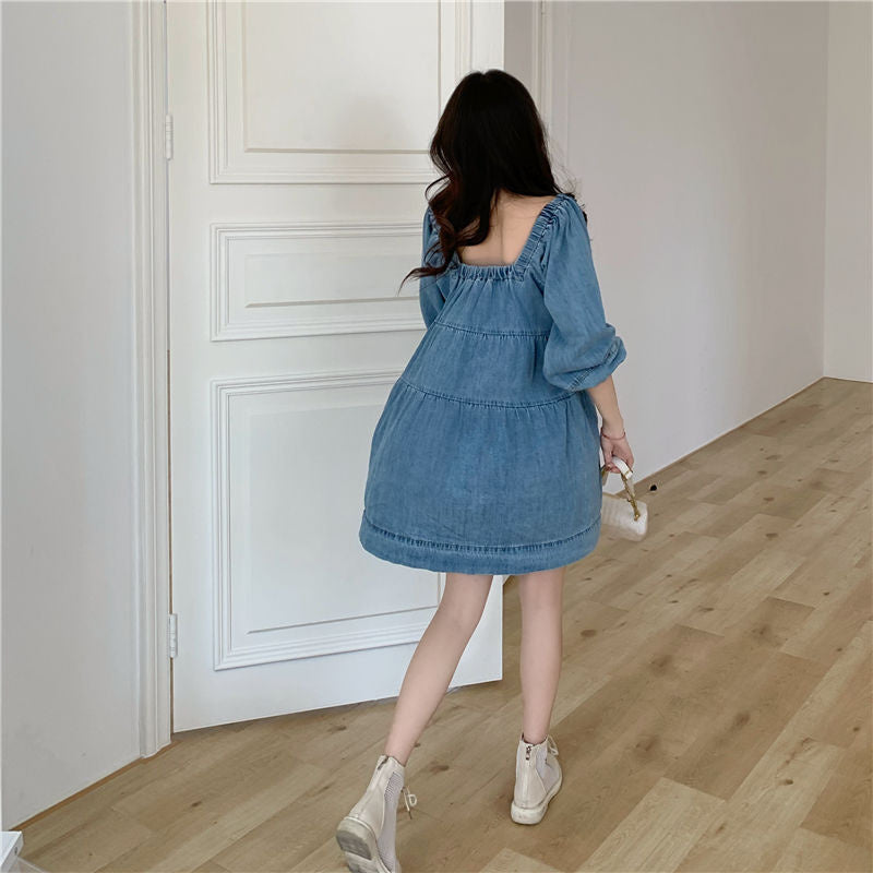 Square-cut Denim Blue Babydoll Dress