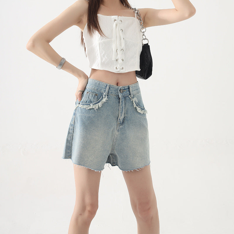 High Waisted Frayed Denim Shorts