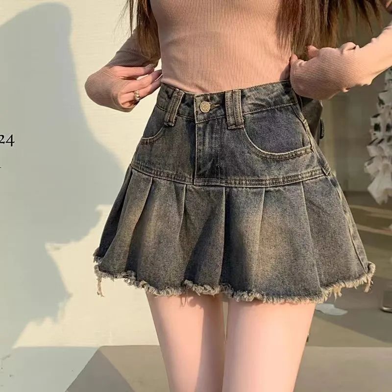 Retro Denim Pleated Skirt