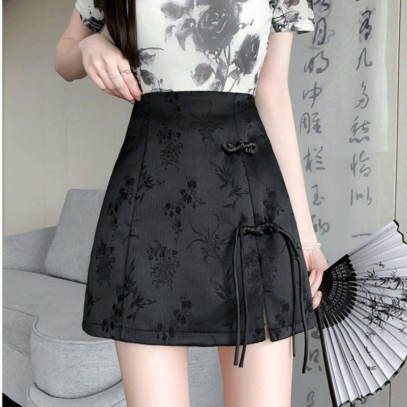 High Waist Slimming New Chinese Style Buckle Jacquard Skirt