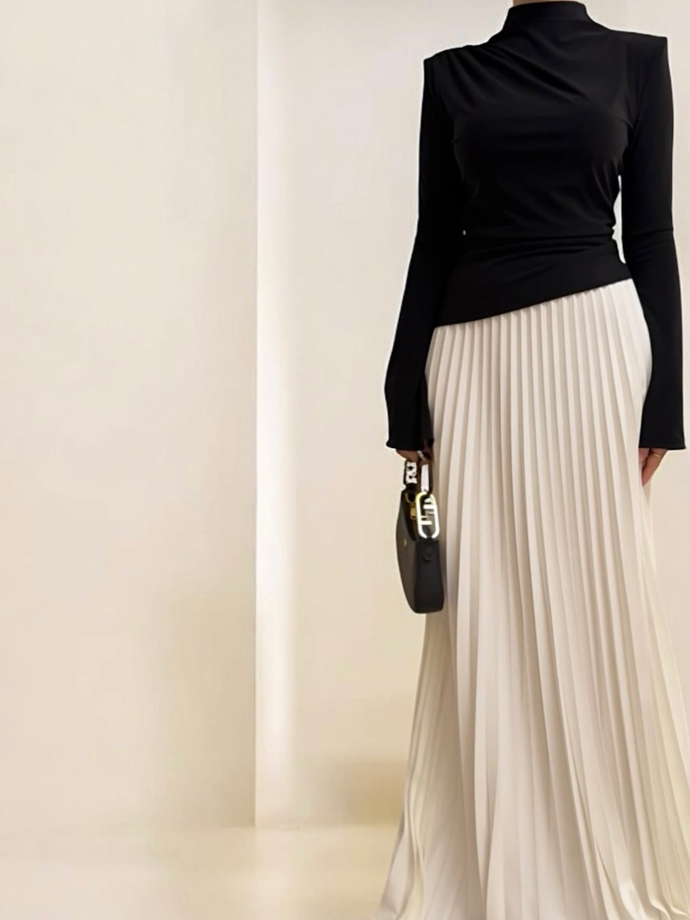 Turtleneck Solid Color Top & Pleated Maxi Skirt Set