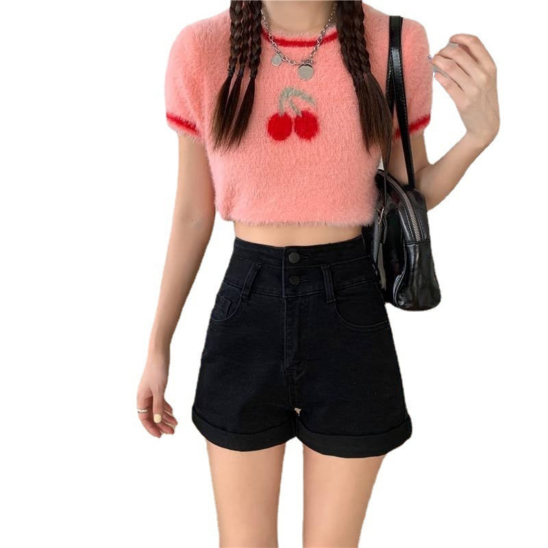 High Waisted Double Buckle Denim Shorts