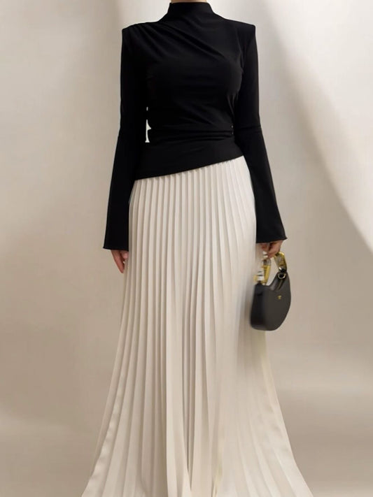 Turtleneck Solid Color Top & Pleated Maxi Skirt Set