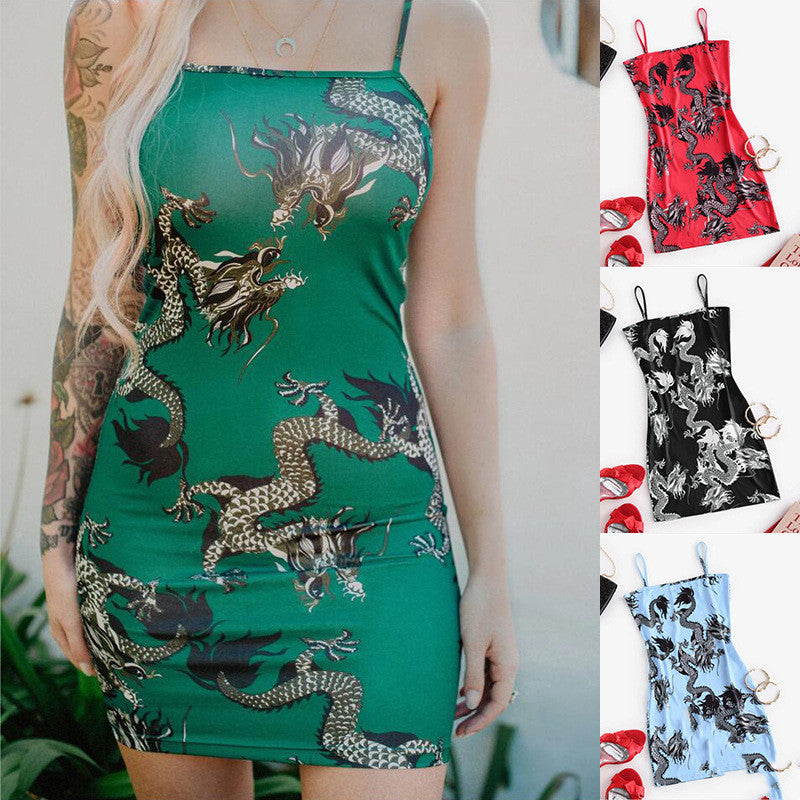 New Chinese Style Solid Color Dragon Print Slim Sexy Suspender Skirt