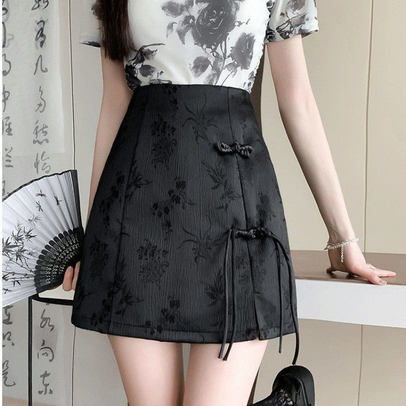 High Waist Slimming New Chinese Style Buckle Jacquard Skirt