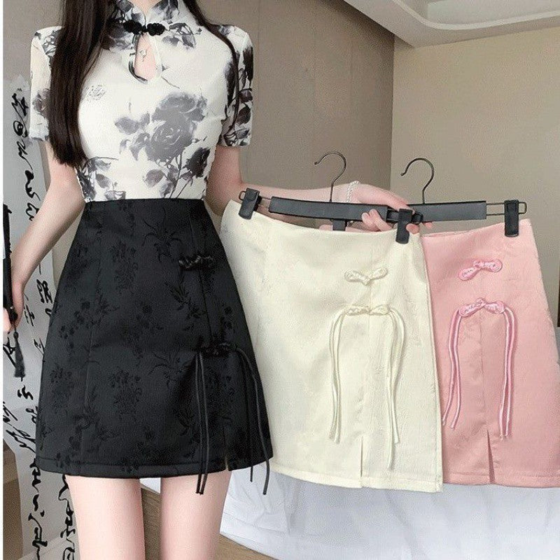 High Waist Slimming New Chinese Style Buckle Jacquard Skirt