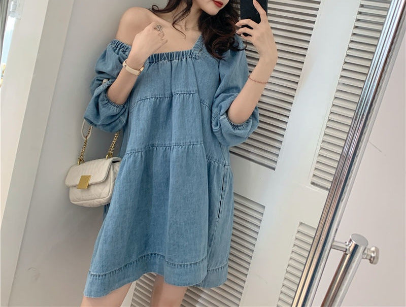 Square-cut Denim Blue Babydoll Dress