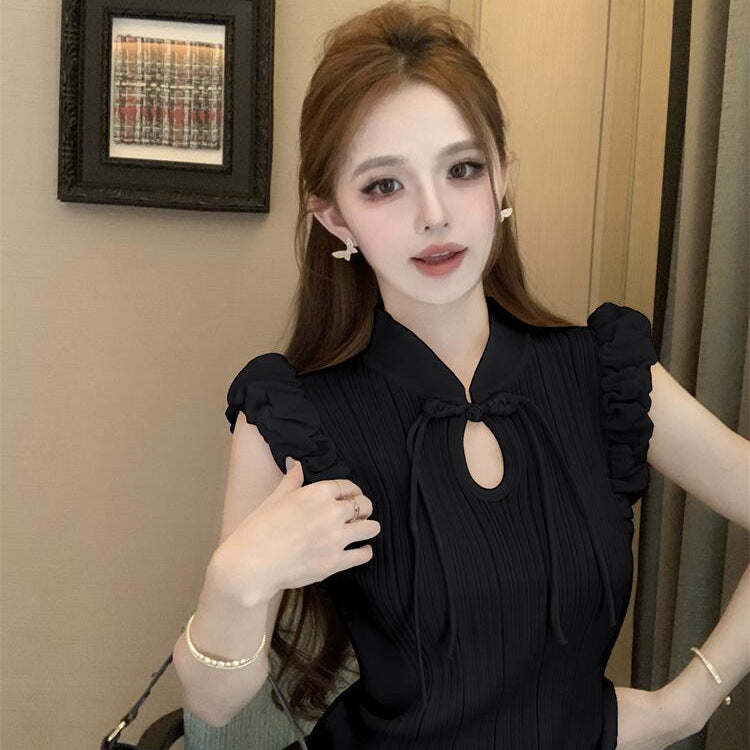 New Chinese Style Retro Buckle Puffed Sleeves Elegant Top