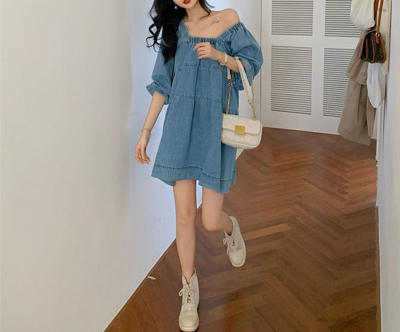 Square-cut Denim Blue Babydoll Dress