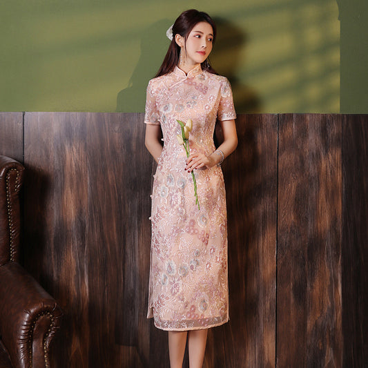 Summer New Chinese Style Stand Collar Modified Bright Sequin Embroider Chinese Style Cheongsam Dress