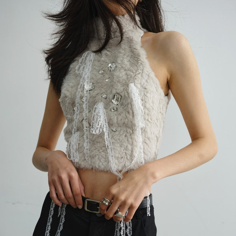 Furry Knit Halter Top with Lace