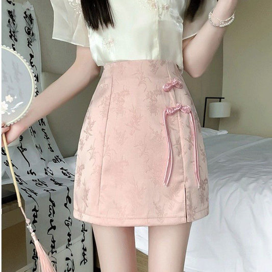 High Waist Slimming New Chinese Style Buckle Jacquard Skirt