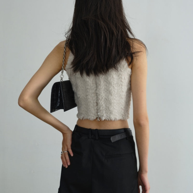 Furry Knit Halter Top with Lace