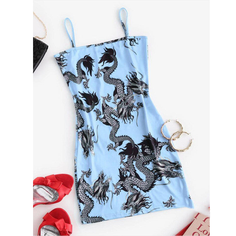 New Chinese Style Solid Color Dragon Print Slim Sexy Suspender Skirt