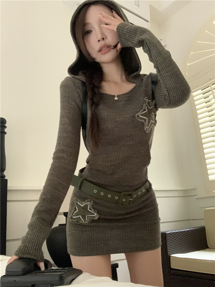 Patchwork Korean-style Knitted Hoodie Dress