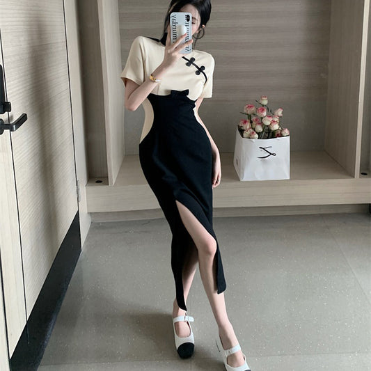 New Chinese Style Waist Stitching Slit Midi Skirt