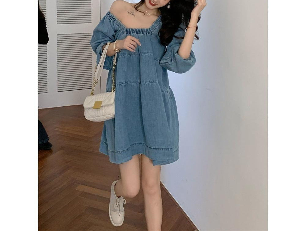 Square-cut Denim Blue Babydoll Dress