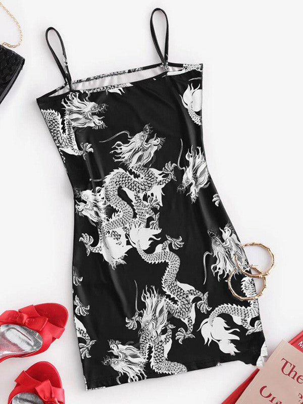 New Chinese Style Solid Color Dragon Print Slim Sexy Suspender Skirt