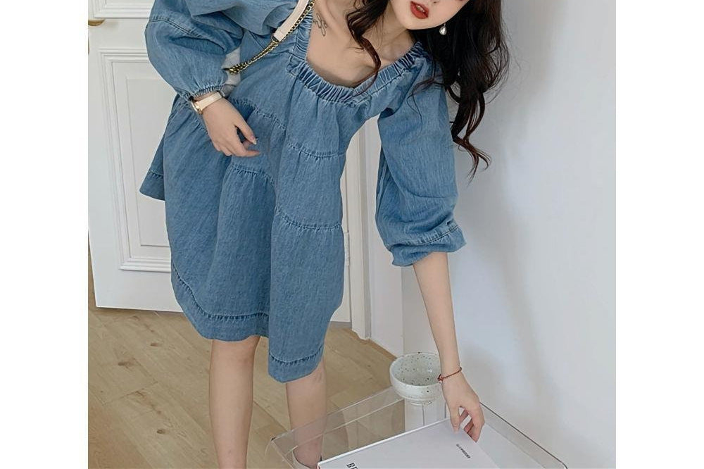 Square-cut Denim Blue Babydoll Dress