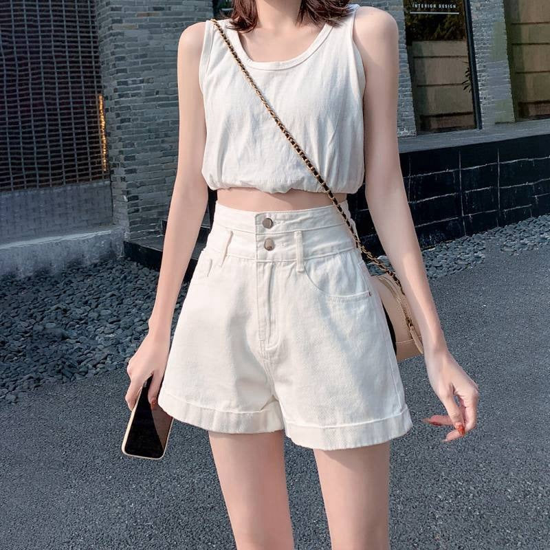 High Waisted Double Buckle Denim Shorts