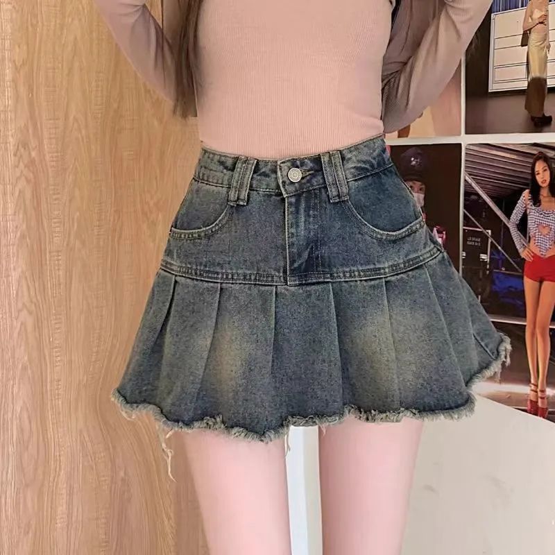 Retro Denim Pleated Skirt