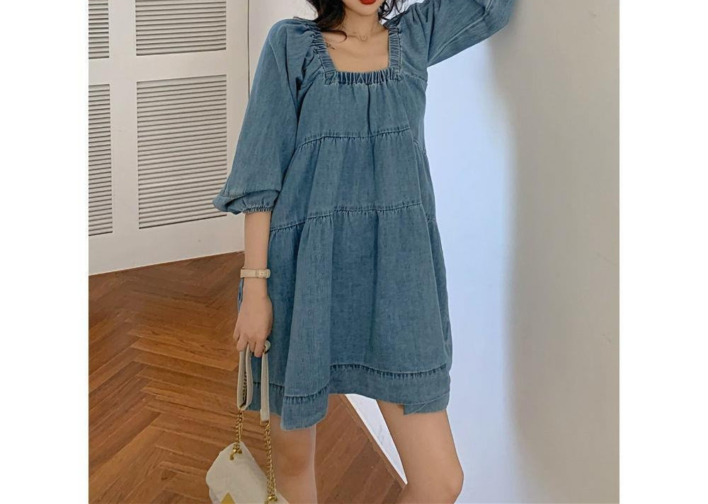 Square-cut Denim Blue Babydoll Dress