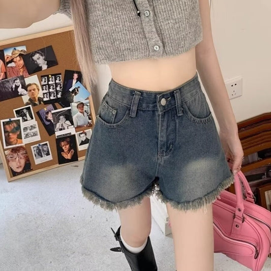 Fringed Wide Leg High Waisted Denim Shorts